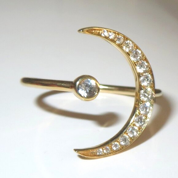 Half Moon Crescent Diamond White Sapphire 14K Yellow Gold Ring Ring - Picture 4 of 17